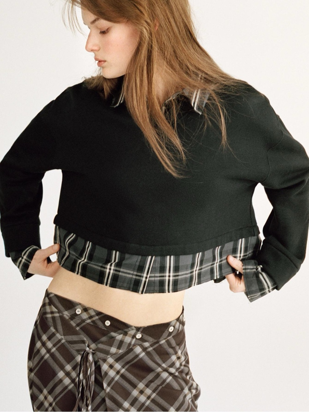 ZARA Black Layered frayed Plaid-Trim Cropped Sweatshirt